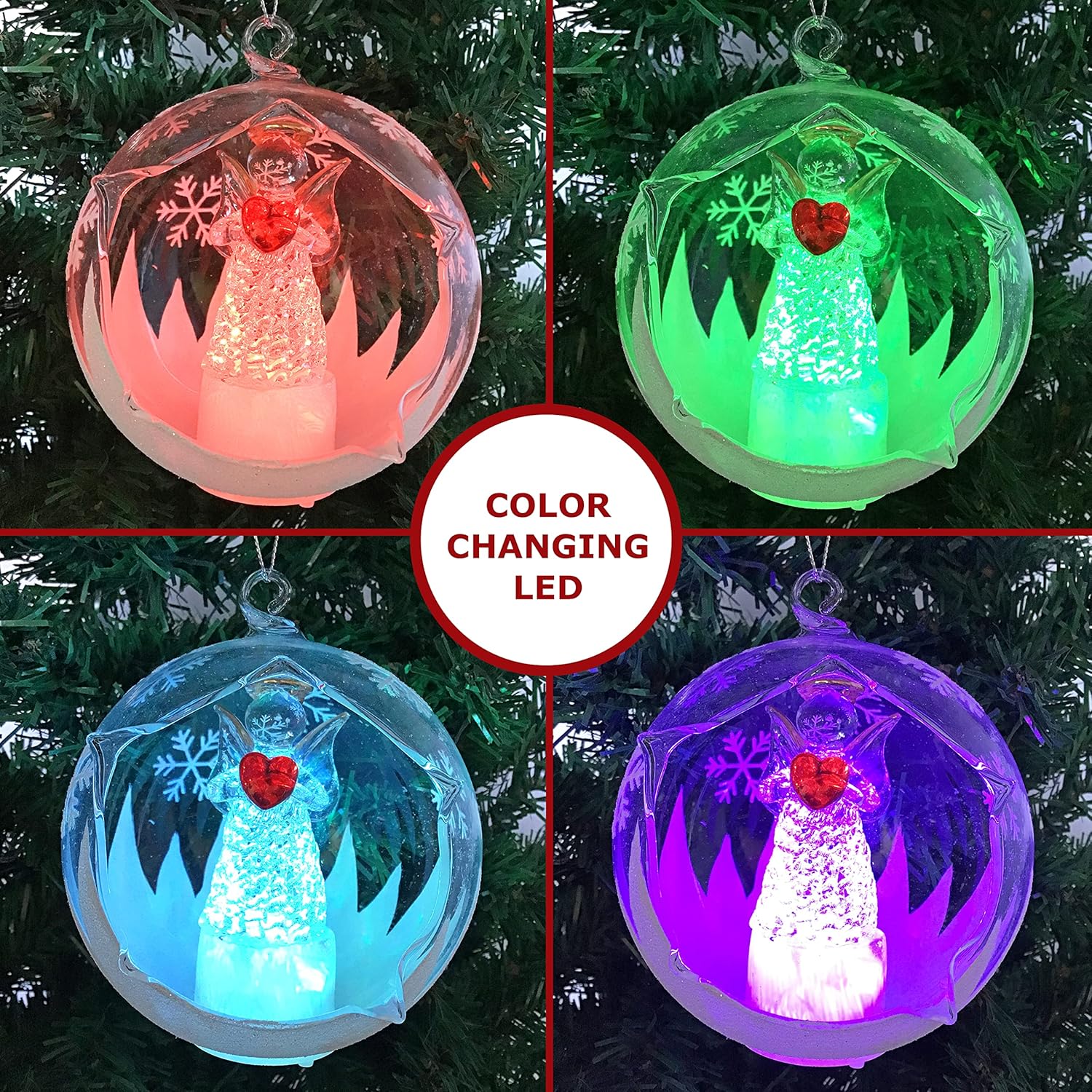 Angel with Red Heart Lighted Christmas Ornament - Color Changing 4 Hour Timer 4 Inch Diameter