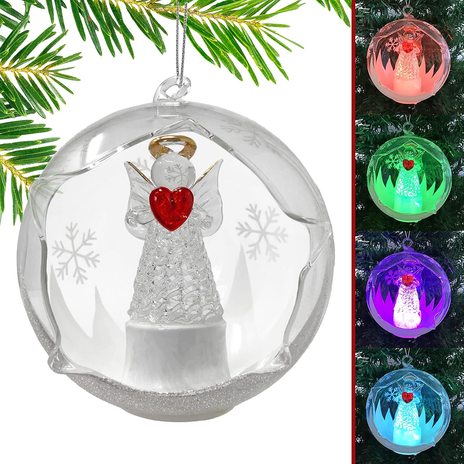 Angel with Red Heart Lighted Christmas Ornament - Color Changing 4 Hour Timer 4 Inch Diameter
