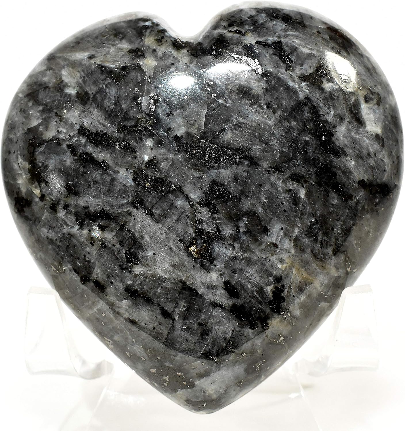 25 Inch Larvikite Heart with Stand - Natural Stone Decor