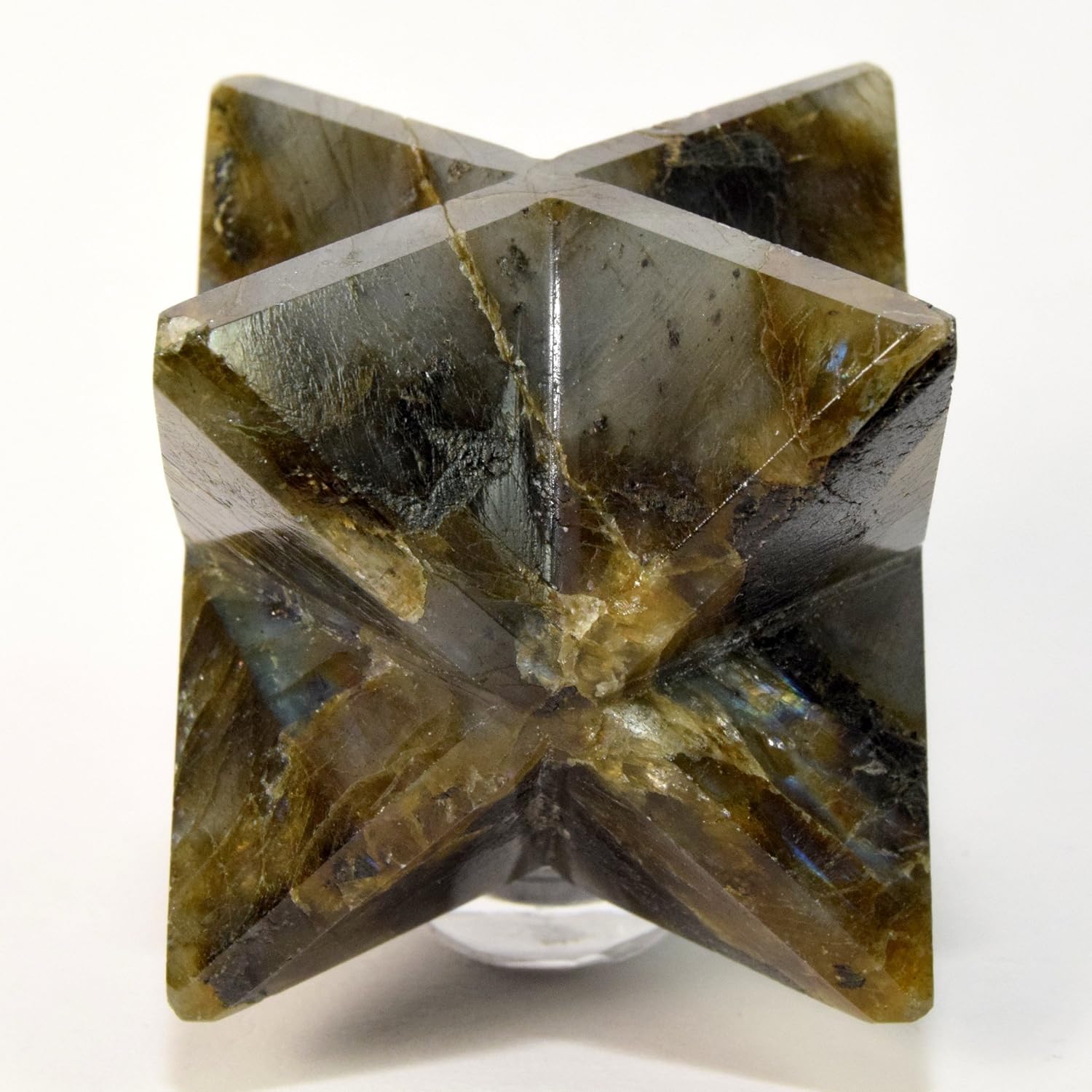 HC Set Rainbow Flash Labradorite 8 Point Merkaba Star with Clear Quartz Cabochon