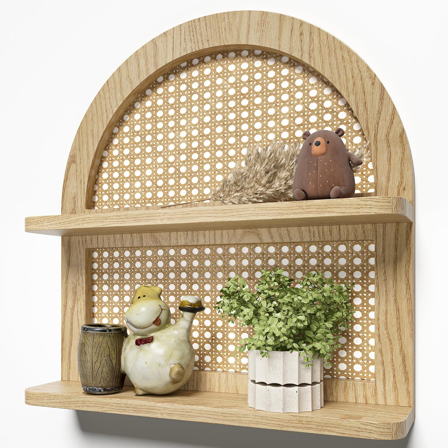 Wood Boho Rattan Wall Shelf 2 Tier Natural Color