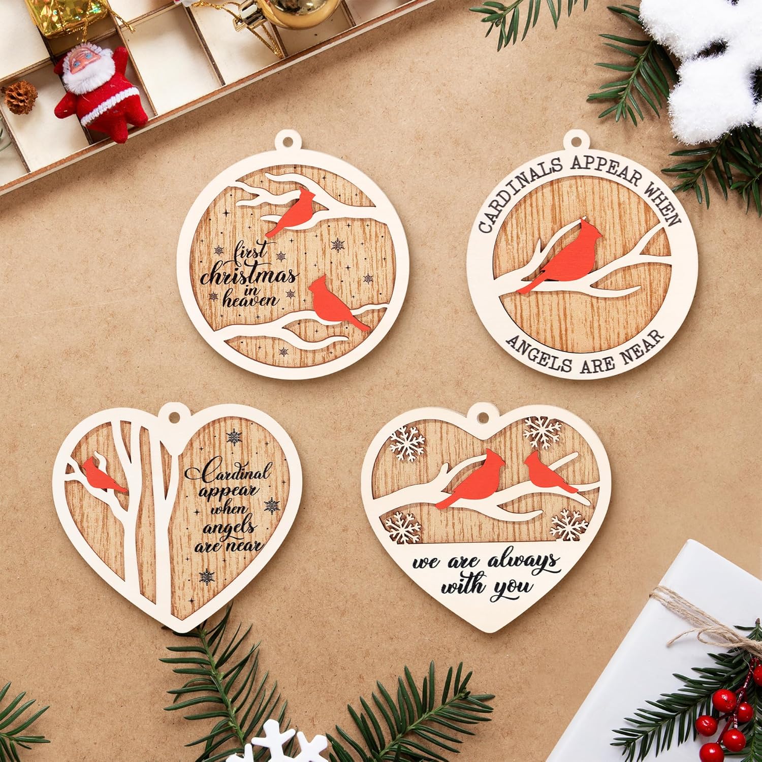 Memorial Christmas Ornaments Red Cardinal Bird Wooden Hanging Decorations