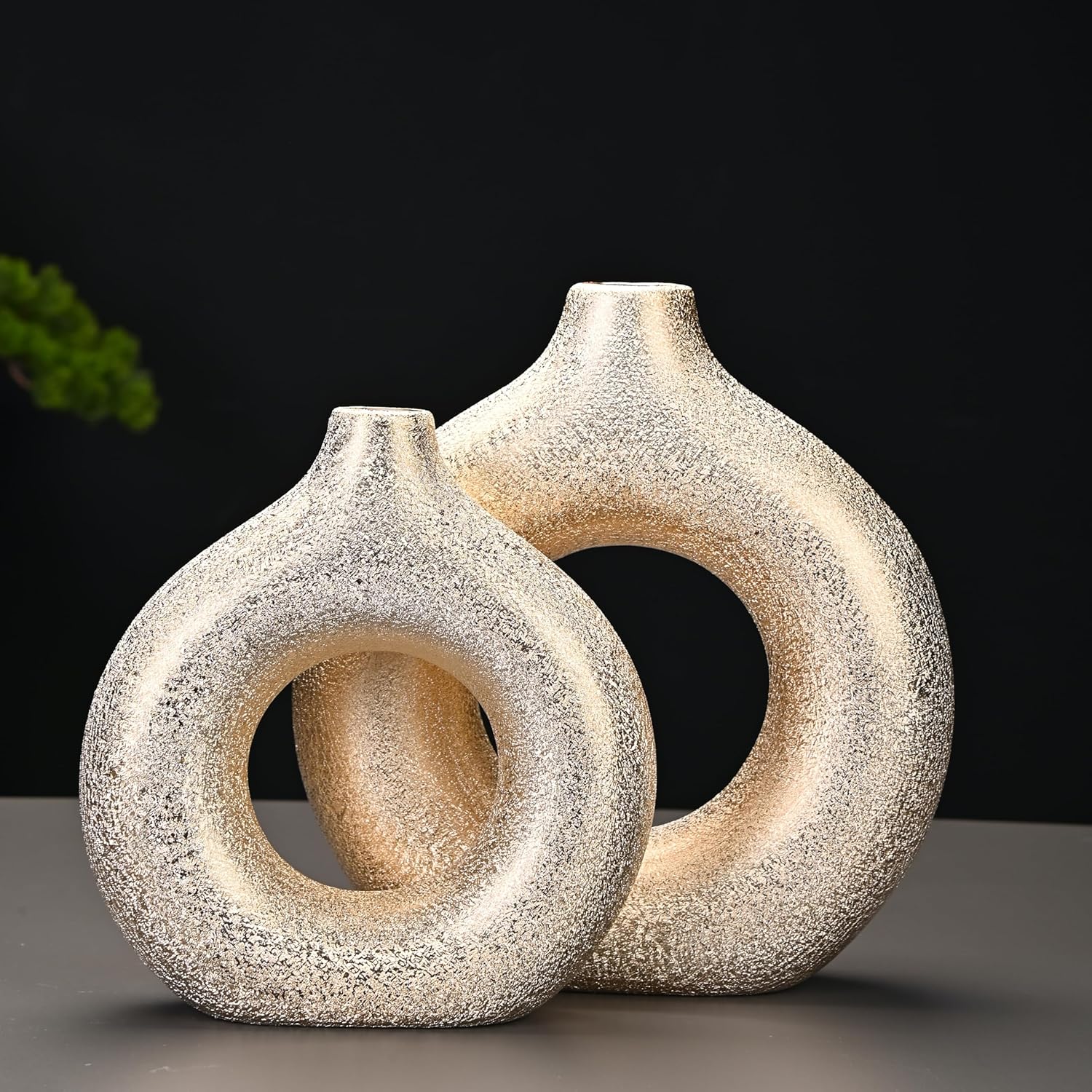 Set of 2 Donut Shape Gold Ceramic Vases