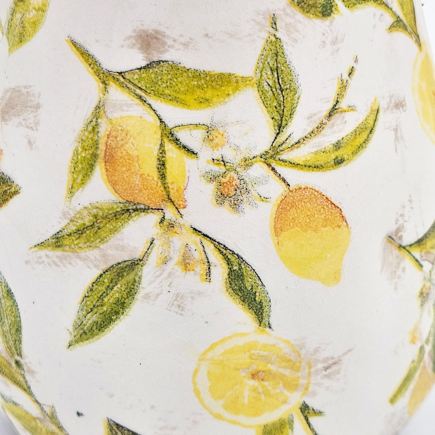 Round Ceramic Pitcher Vase with Lemon Motif Farmhouse Accent