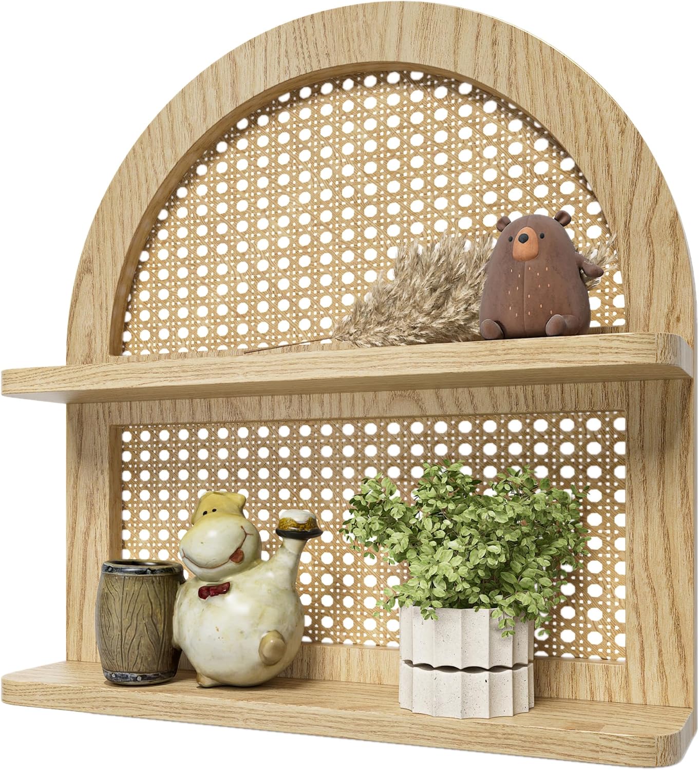 Wood Boho Rattan Wall Shelf 2 Tier Natural Color