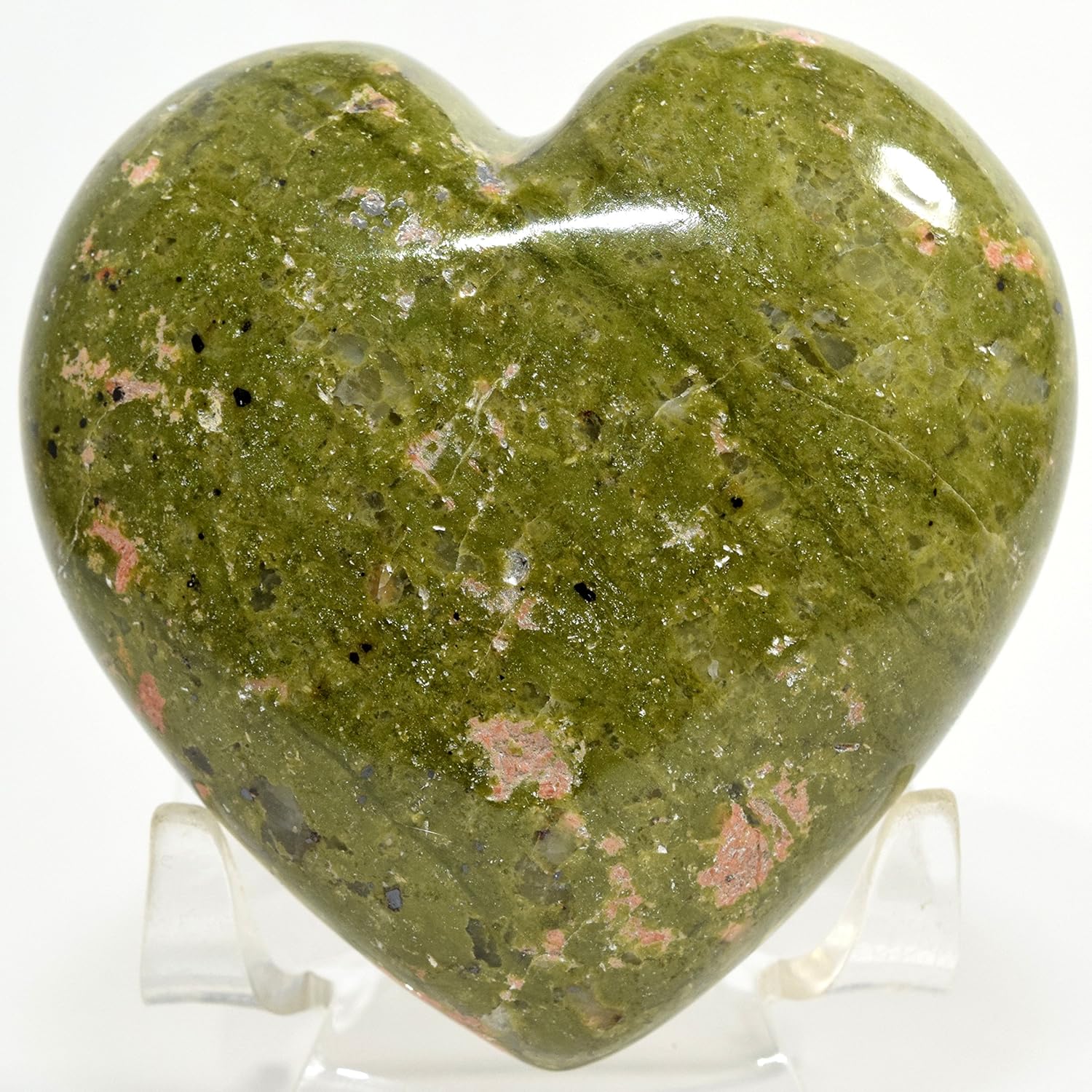 69mm Unakite Puffy Heart with Pink Feldspar Crystal Love Stone - Display Stand Included