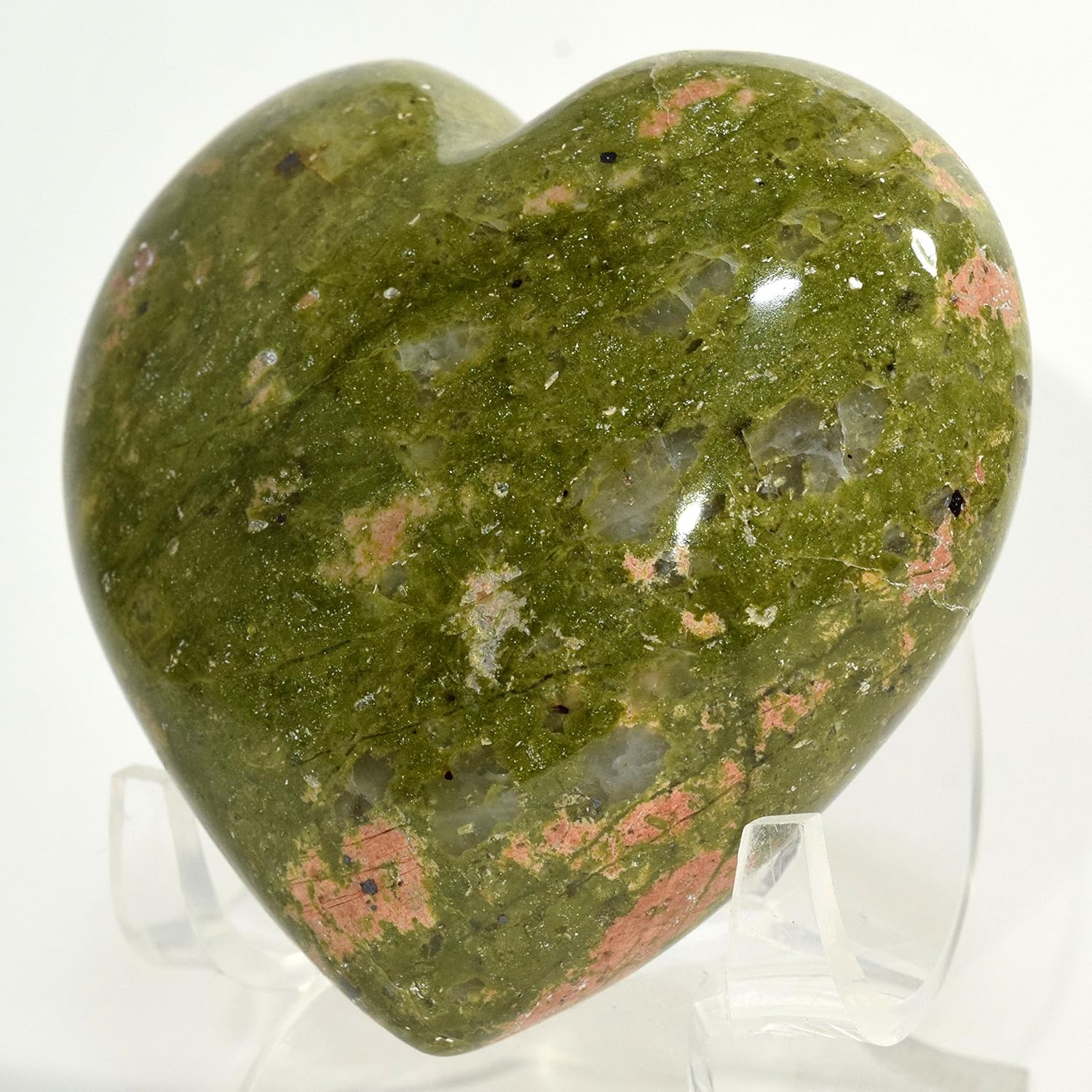 69mm Unakite Puffy Heart with Pink Feldspar Crystal Love Stone - Display Stand Included